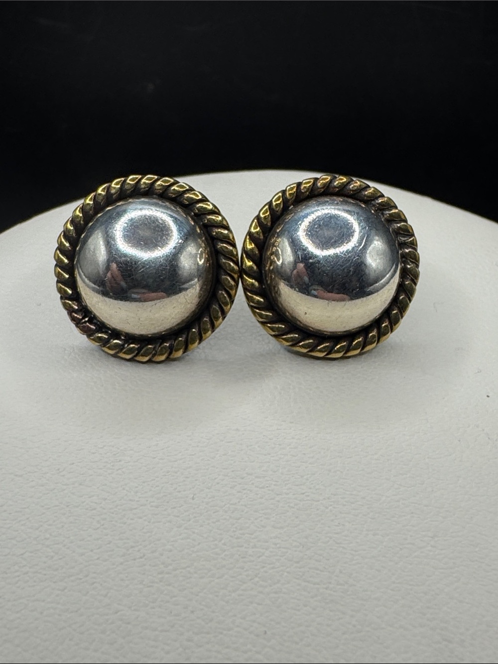 Two-Tone Dome Button Earrings - Silver Center with Gold Rope Edge